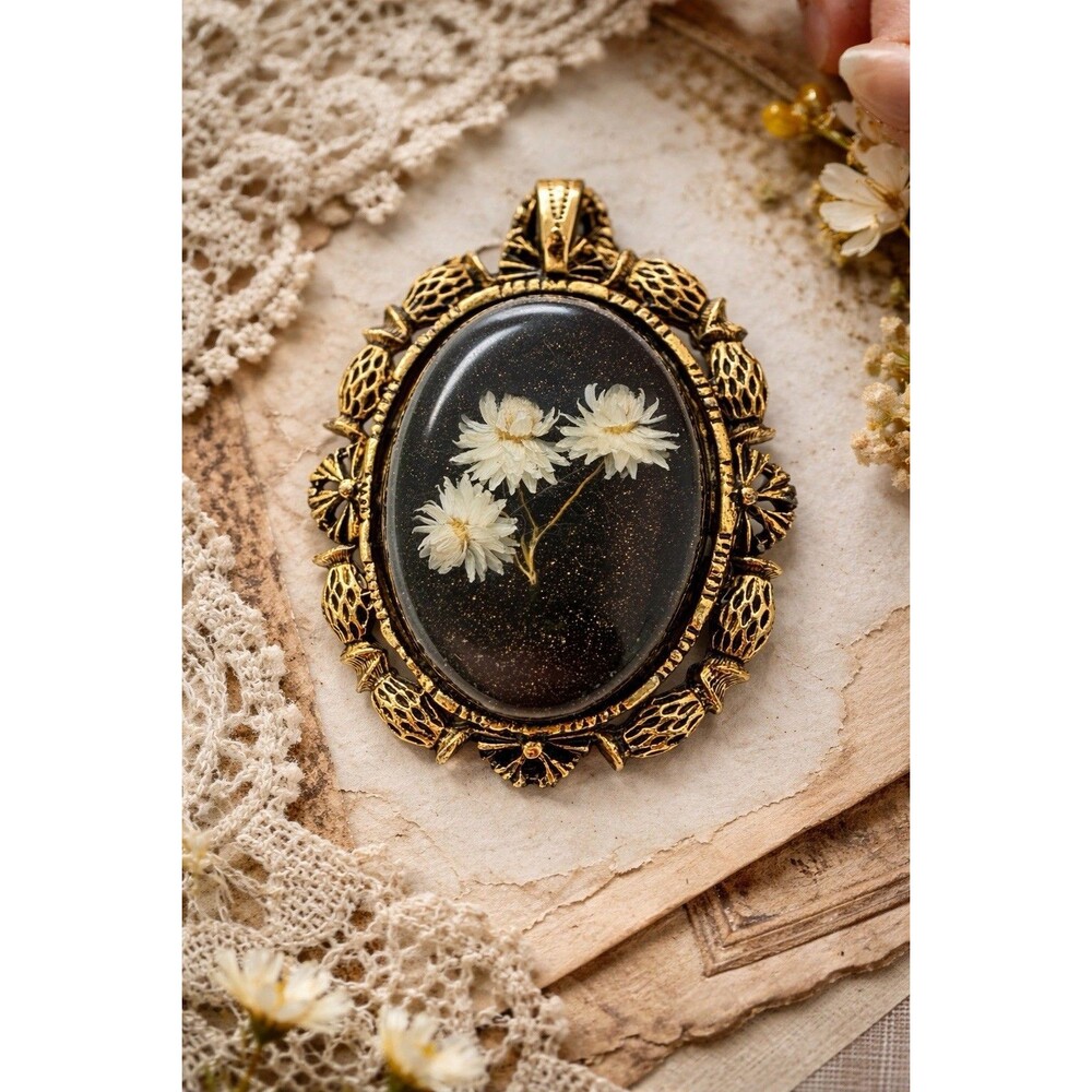 Vintage Floral Lucite Brooch Pendant Gold Tone Ornate Frame Dried Flower